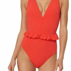 Jessica Simpson Women's Solid Ruffle-waist One-piece Swimsuit Sauce Size S